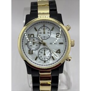 Women's Quartz Watch 7.25" Black & Gold Band White Dial- New Battery